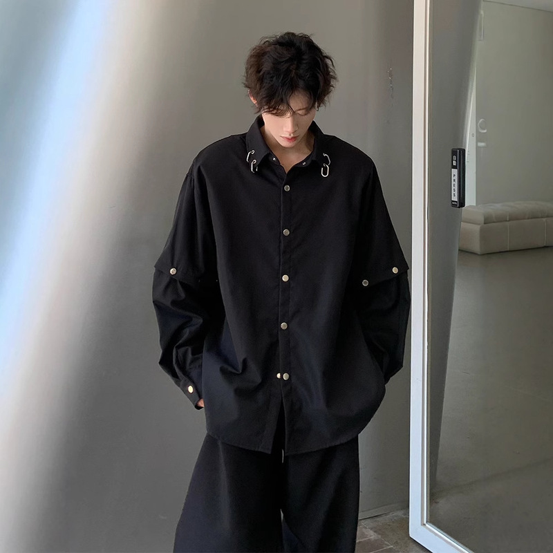 Black Shoulder Pad Shirt Men's Trendy Brand Pi Shuai Bang Street Removable Long Sleeve Shirt Shape High-end Sense Hair Stylist Men's Wear
