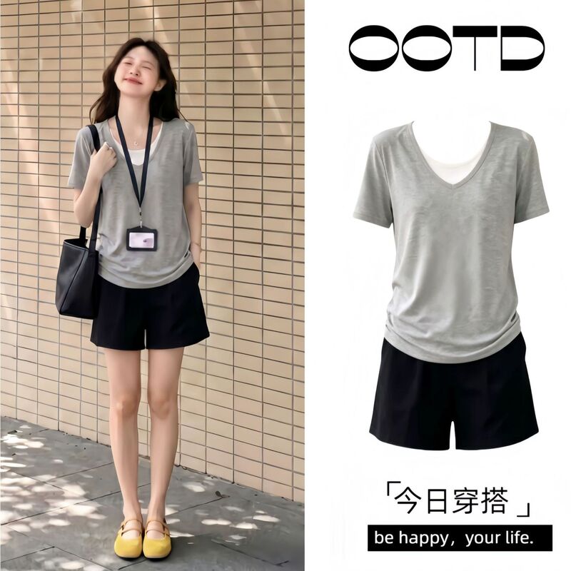 Maternity Wear Summer T-Shirt 2026 Korean Style Stylish Outfit That Doesn'T Show Pregnancy, Covering the Belly, Top and Shorts Two-Piece Set Maternity Wear Summer T-Shirt 2026 Korean Style Stylish Outfit That Doesn'T Show Pregnancy, Covering the Belly, Top and Shorts Two-Piece Set