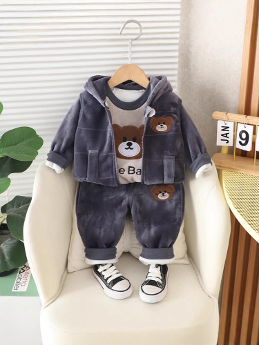 New Autumn/Winter Baby Padded Set for Kids, Three-Piece Set with Embroidered Bear, Thick Kids' Outfit for Dropshipping