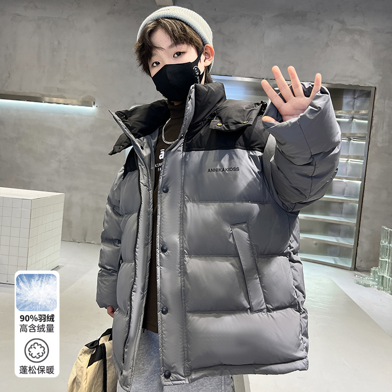 男童连帽拼接羽绒服加厚保暖冬装儿童时尚中长款休闲90白鸭绒外套