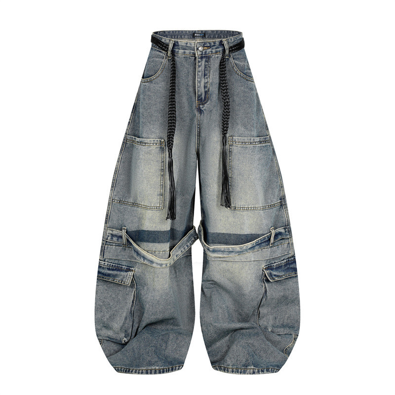 Trendy Heavy High Street Cool Style Pleated Cargo Belt Jeans Unisex Loose Scimitar Multi-Pocket Wide-Leg Pants Trendy Heavy High Street Cool Style Pleated Cargo Belt Jeans Unisex Loose Scimitar Multi-Pocket Wide-Leg Pants