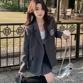 灰色盐甜穿搭时尚西装jk套装裙女春秋新款休闲百褶裙小个子两件套