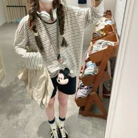早秋韩系条纹长袖t恤女秋季2025新款设计感宽松慵懒风松弛感上衣