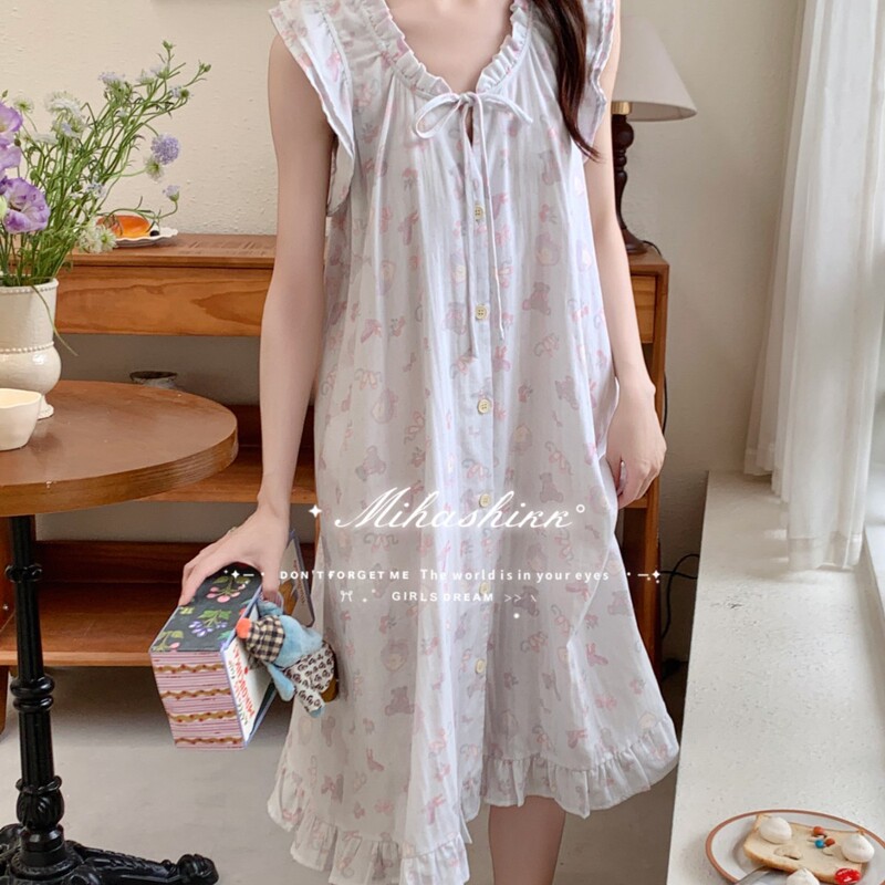 100% Cotton Ballet Bear Type a Double-Layer Gauze Pure Cotton Cute Loose-Fitting Home Sleeveless Nightgown for Women New Style