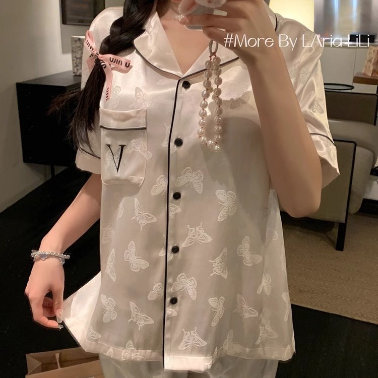 v蝴蝶提花睡衣女仿真丝丝绸夏季短袖3件套简约高级家居服套装|undefined