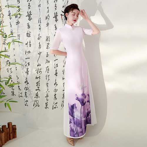 Purple Gradient Aodai Floral Chinese Dresses Oriental Qipao Model Show Cheongsam stage costumes young long dress