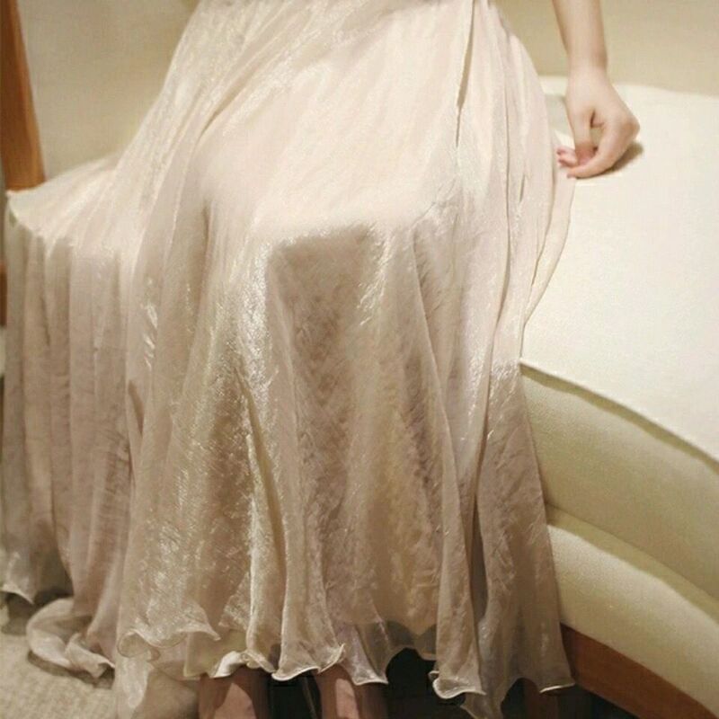 Summer New Super Fairy Gentle Slimming Gold Silk Chiffon Glitter Lustrous Elegant High Waist Skirt Long Skirt Veil Skirt