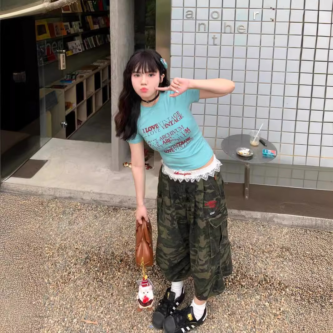 플러스 사이즈 레트로 미국 위장 크레인 청바지 여자 통통녀 캐주얼 루즈 올매치 하이 허리 자른 와이드 레그 바지
