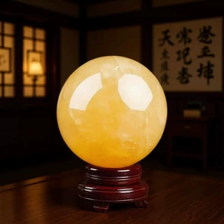 天然黄水晶球风水球转运球黄色米黄玉水晶球摆件化解厨房西北方向