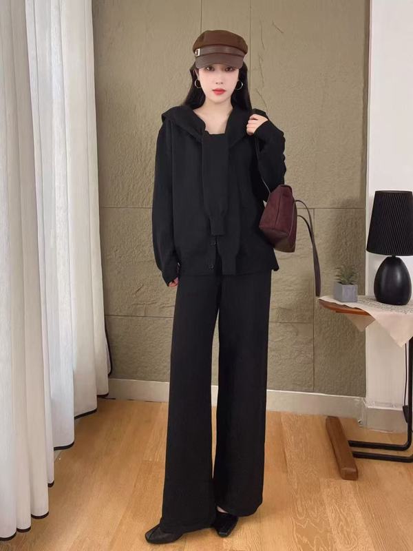 气质休闲毛衣披肩三件套女2025秋冬新款宽松开衫上衣+阔腿裤套装|undefined