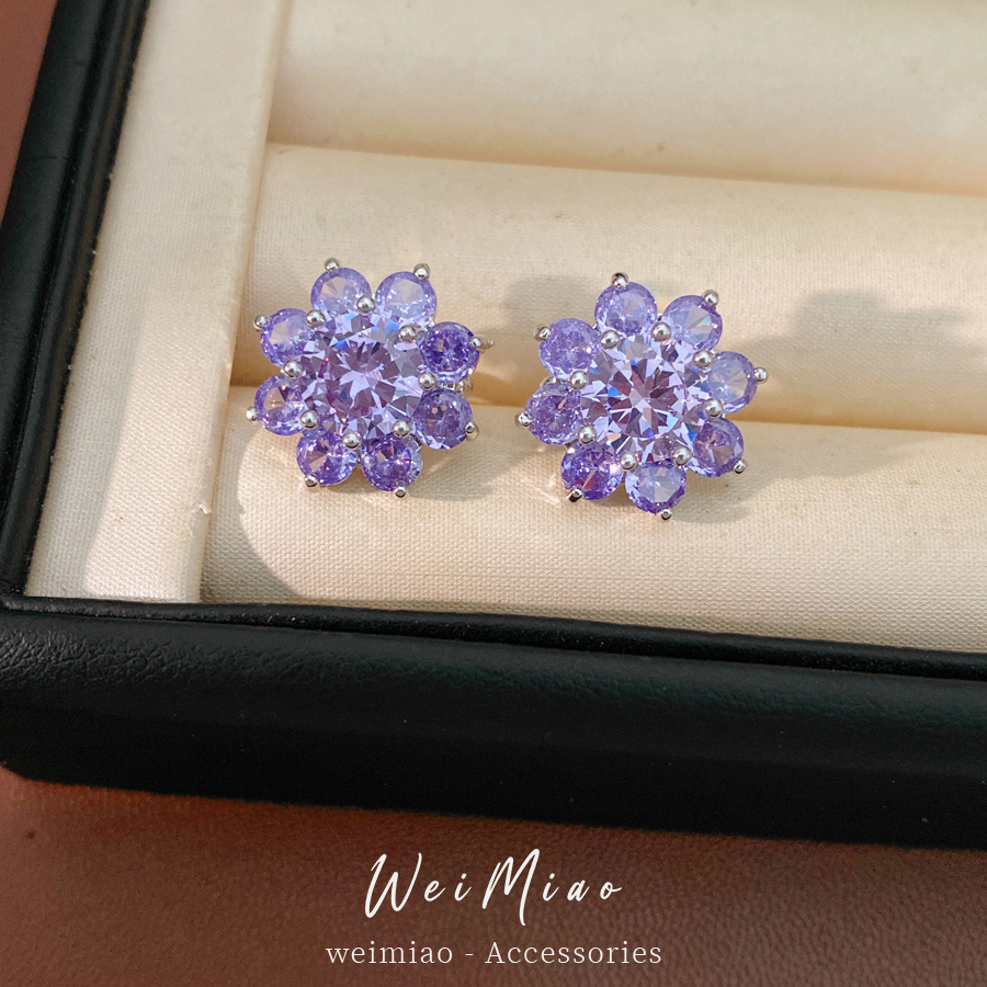 Zircon púrpura flores redondas orejas hueso clips mujeres sin agujeros de orejas temperamento delicado pendientes ligeros de lujo alta sensación auriculares al por mayor