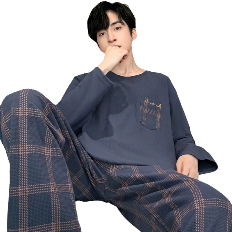 Pijamas de manga larga de los hombres de la primavera y el otoño de algodón puro más el tamaño de los hombres chicos adolescentes otoño e invierno otoño ropa para el hogar al aire libre