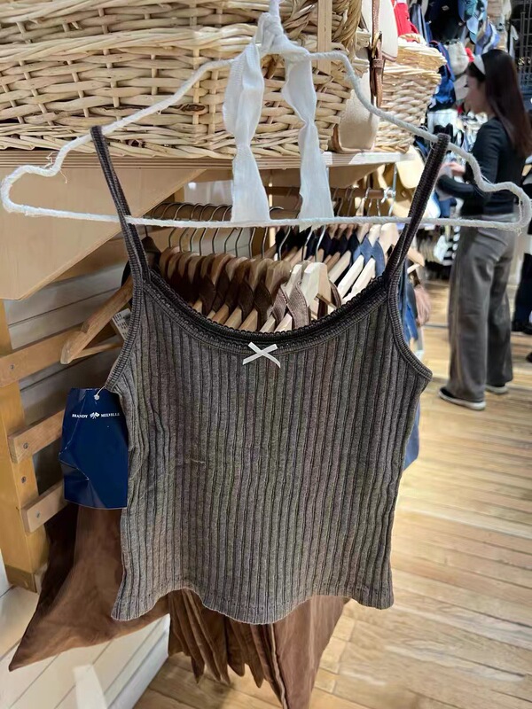 BM style new American style pure desire style brown bow camisole versatile vertical striped hot girl short top
