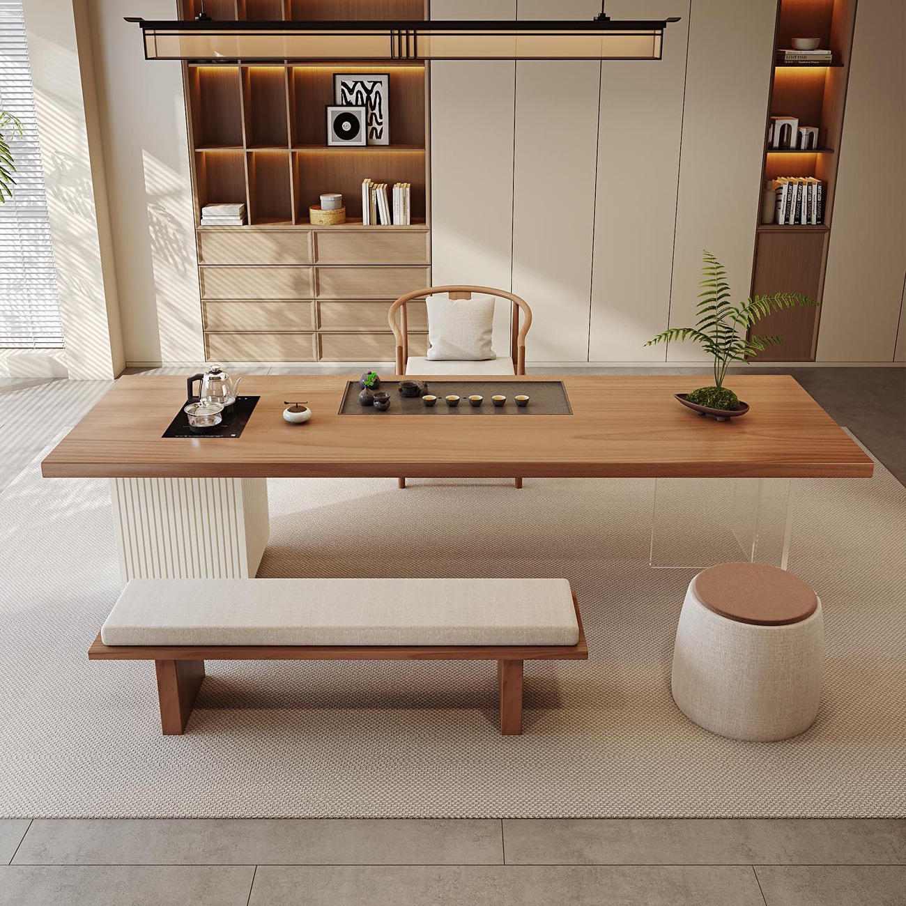 Wabi-Sabi Style Cream-Colored Solid Wood Tea Table and Chair Set, New Chinese Modern Minimalist Light Luxury Tea Table, Tea Room