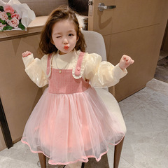 Korean-style children's dress for girls, winter version, trendy for middle and small children, sweet padded base dress + overalls two-piece set