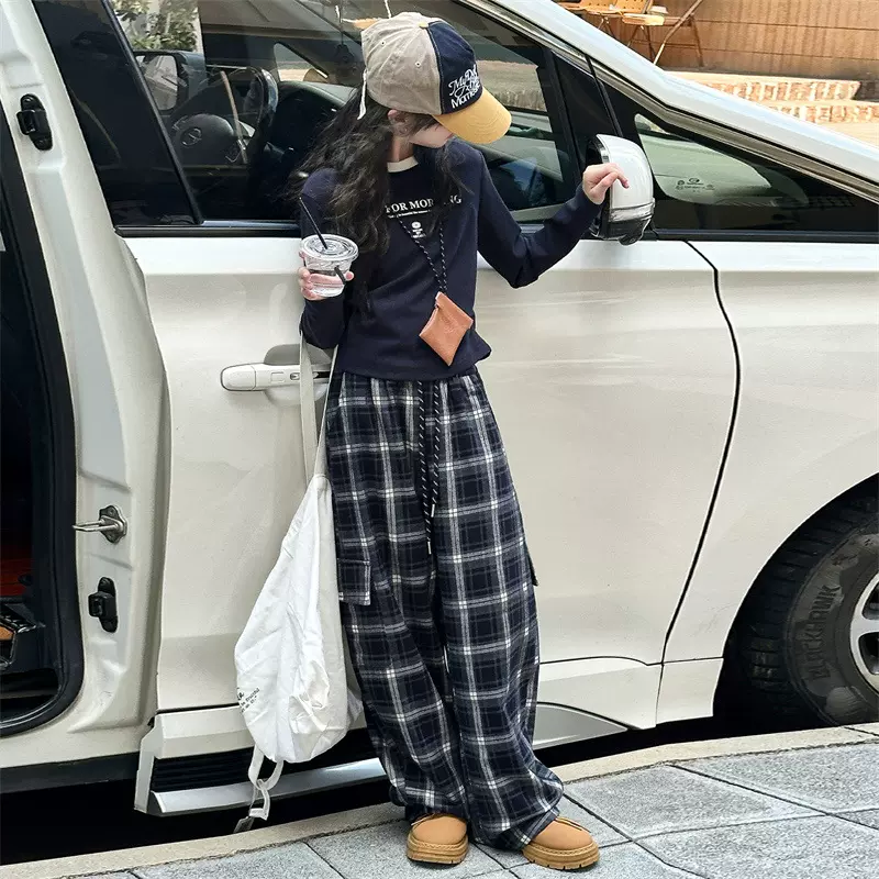 女童套装秋季2025新款大儿童装洋气休闲运动字母格子工装裤两件套