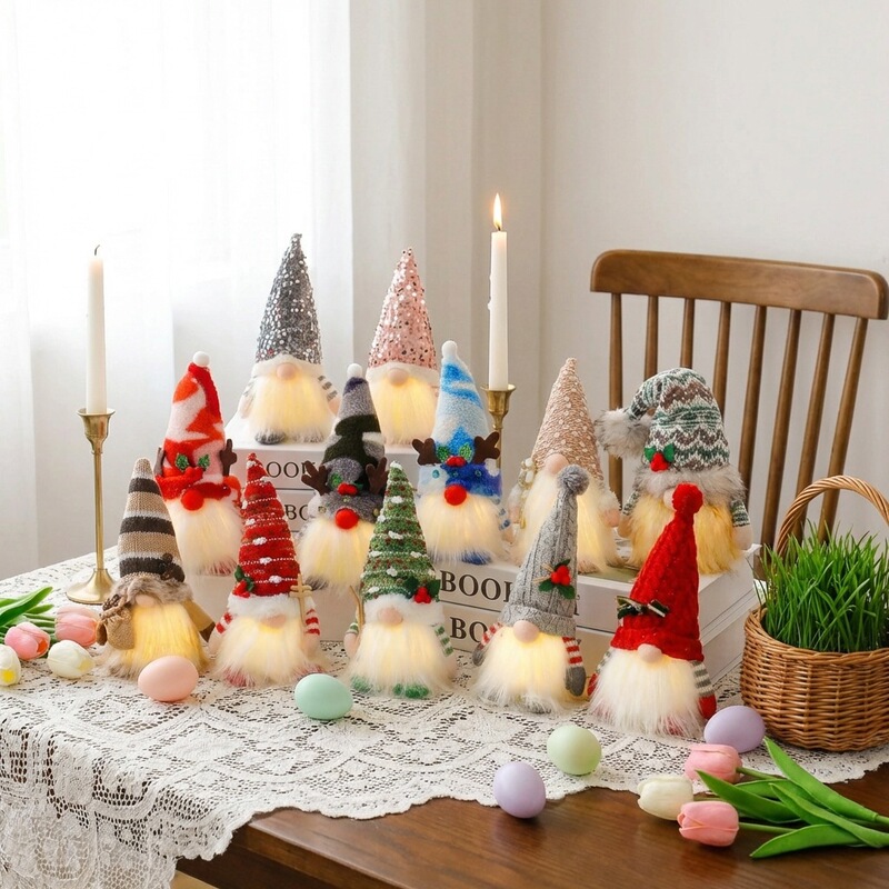 Cross-Border Christmas Decoration Christmas Sequin Rudolph Doll with Lights Christmas Luminous Faceless Dwarf Doll Ornaments