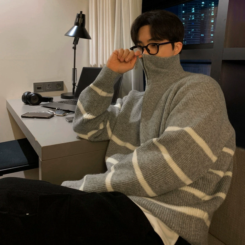 Половина-молния в полоску ленивый свитер MYQ мужской зимний теплый свободный топ