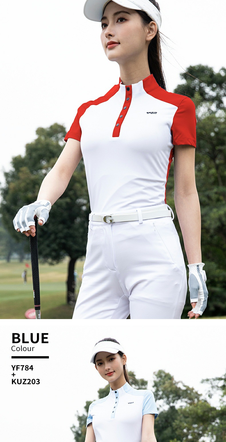 Áo thun golf nữ tay ngắn cổ tròn, chất liệu polyester co giãn, thấm hút mồ hôi — Áo trắng xanh [mỏng nhẹ thoáng khí/hút ẩm nhanh khô/eo thon gọn] YF784, Áo trắng đen [mỏng nhẹ thoáng khí/hút ẩm nhanh khô/eo thon gọn] YF784, Áo trắng đỏ [mỏng nhẹ thoáng khí/hút ẩm nhanh khô/eo thon gọn] YF784 chi tiết 9