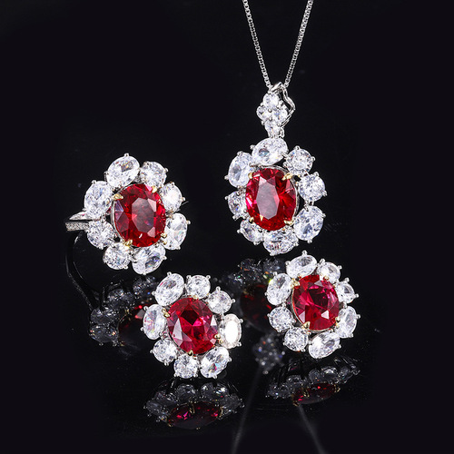 Zhuang Sheng Sheng Jewelry S925 solid silver jewelry set with simulated sapphire, oval ring, earring, pendant set of three