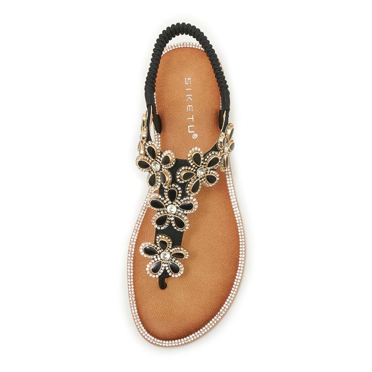 Dép sandal nữ xỏ ngón đế bệt đính hoa kim cương mềm chống trượt — màu đen, màu mơ chi tiết 24