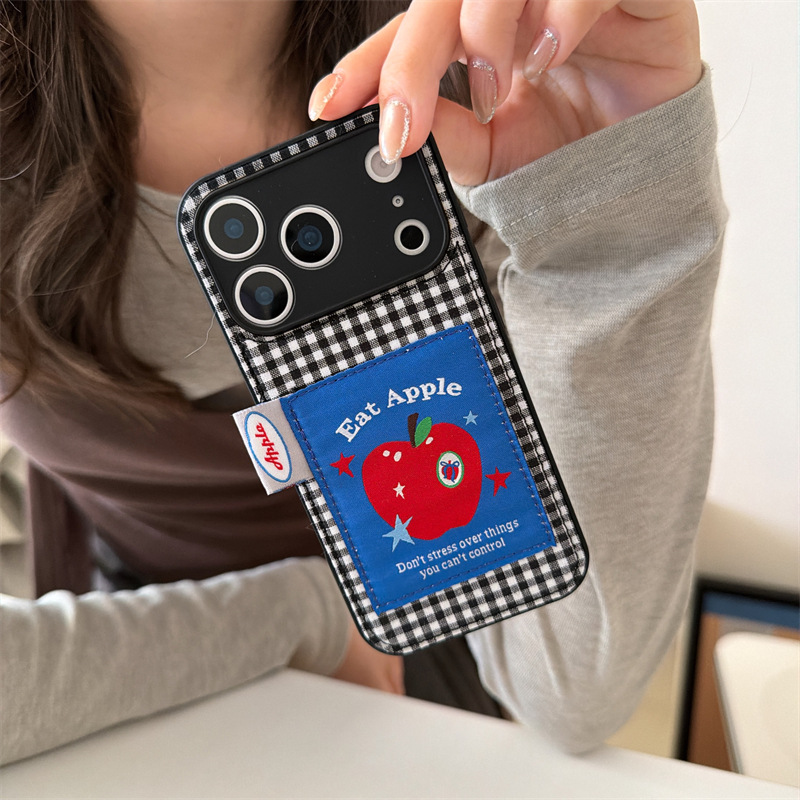 日韩贴布黑白格子红苹果适用iphone17Promax苹果16手机壳15女14潮