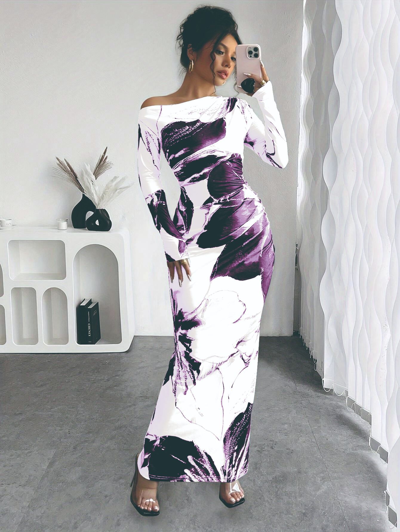 Women Elegant Floral Print Asymmetric Dress Long Slevee - Picture 7 of 8