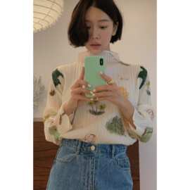 韩国 手绘印花压褶上衣复古文艺风春季新款长袖恤图片色