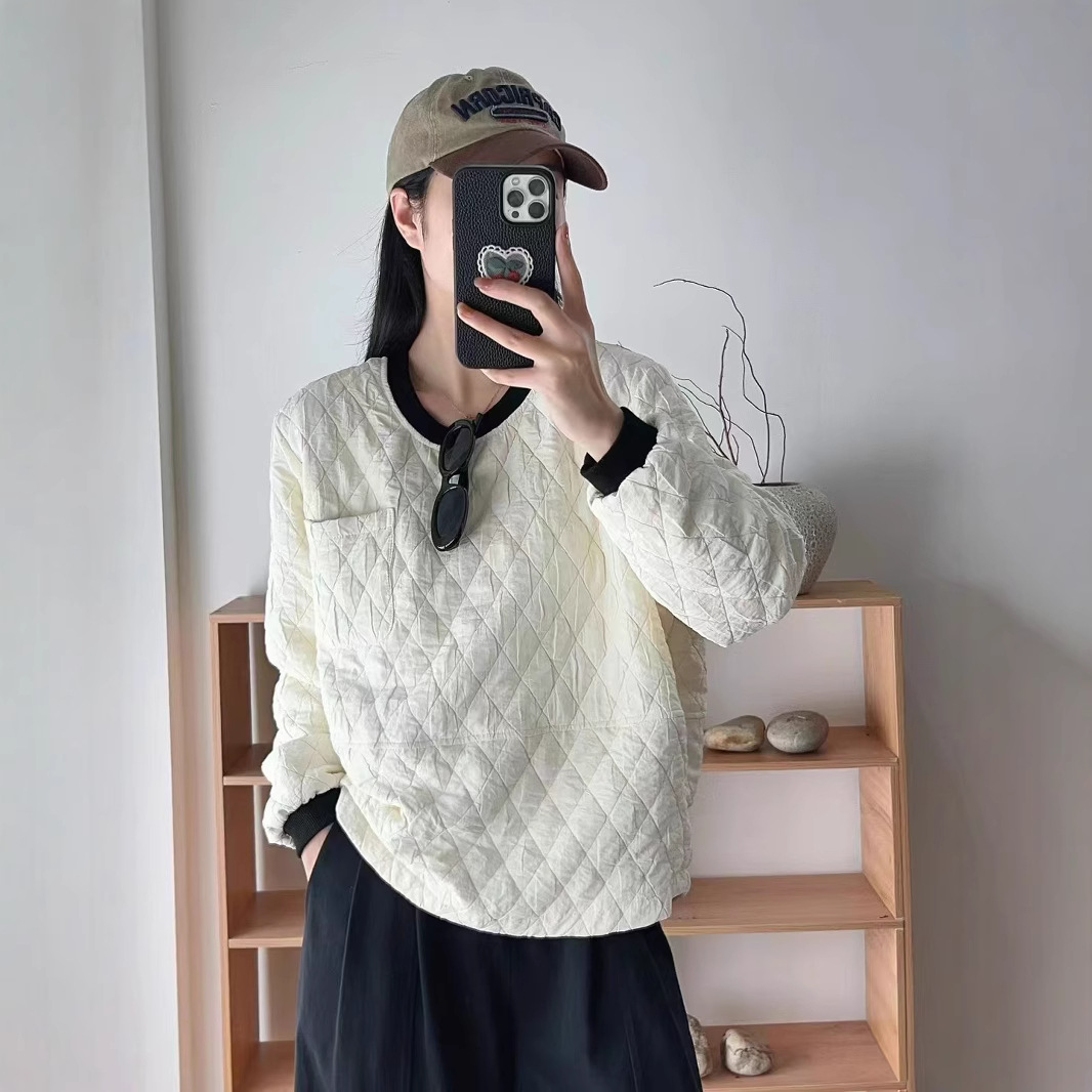 (2개) 새로운 느슨한 퀼트 다이아몬드 크루 넥 긴팔 캐주얼 올 매치 얇은 코튼 패딩 풀오버 코트 여성
