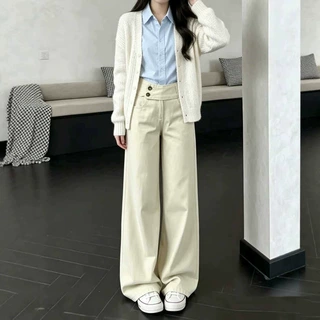 双扣腰头卡其色阔腿牛仔裤女春秋2026新款低腰宽松高个子垂感长裤