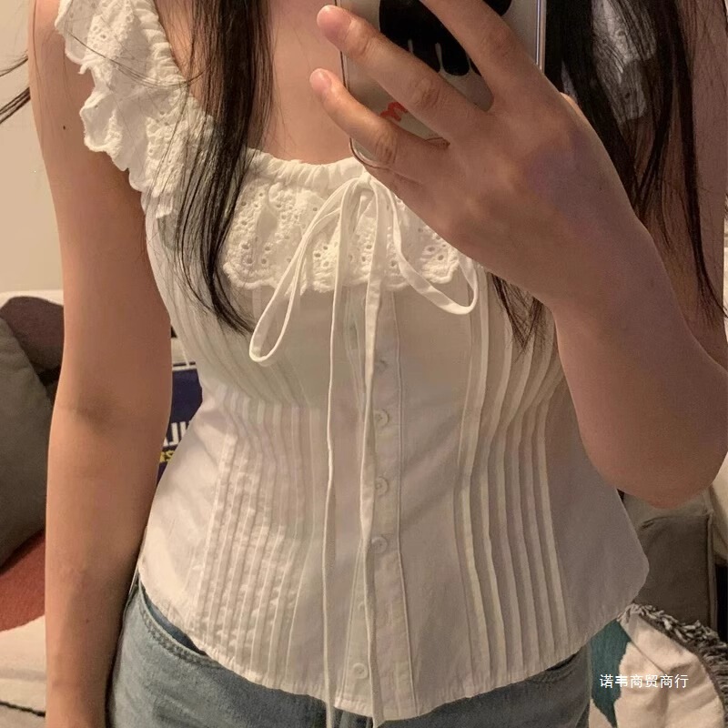 2026 New Lace Square-Neck Pleated White Shirt for Women, New Design, Niche Style, Sleeveless Tank Top, Off-Shoulder 2026 New Lace Square-Neck Pleated White Shirt for Women, New Design, Niche Style, Sleeveless Tank Top, Off-Shoulder