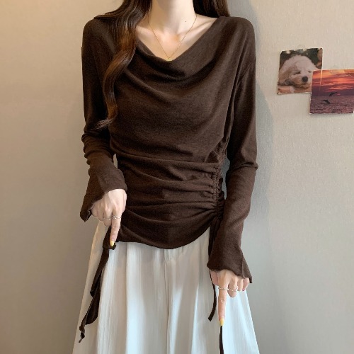 美拉德咖色荡领长袖T恤女2025早秋大码胖mm打底衫不规则抽绳上衣|undefined
