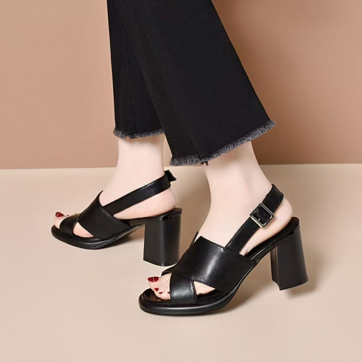 Sandal cao gót nữ hở mũi da thật đế xuồng chống nước quai ngang gót 7 cm — Đen--7CM chi tiết 5