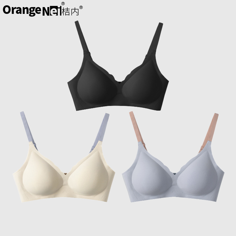 Orange Inner Wood Banana Concave Intimates for Women, Contrasting Color Shoulder Strap Bra, Seamless Lace, Small Breast Push-Up, Breast Reduction, Comfortable Women