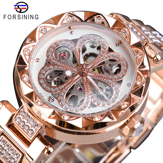 Forsining stijl dames automatisch mechanisch horloge met uitgeholde wijzerplaat, modieus casual, waterdicht met strass steentjes_voghion.com
