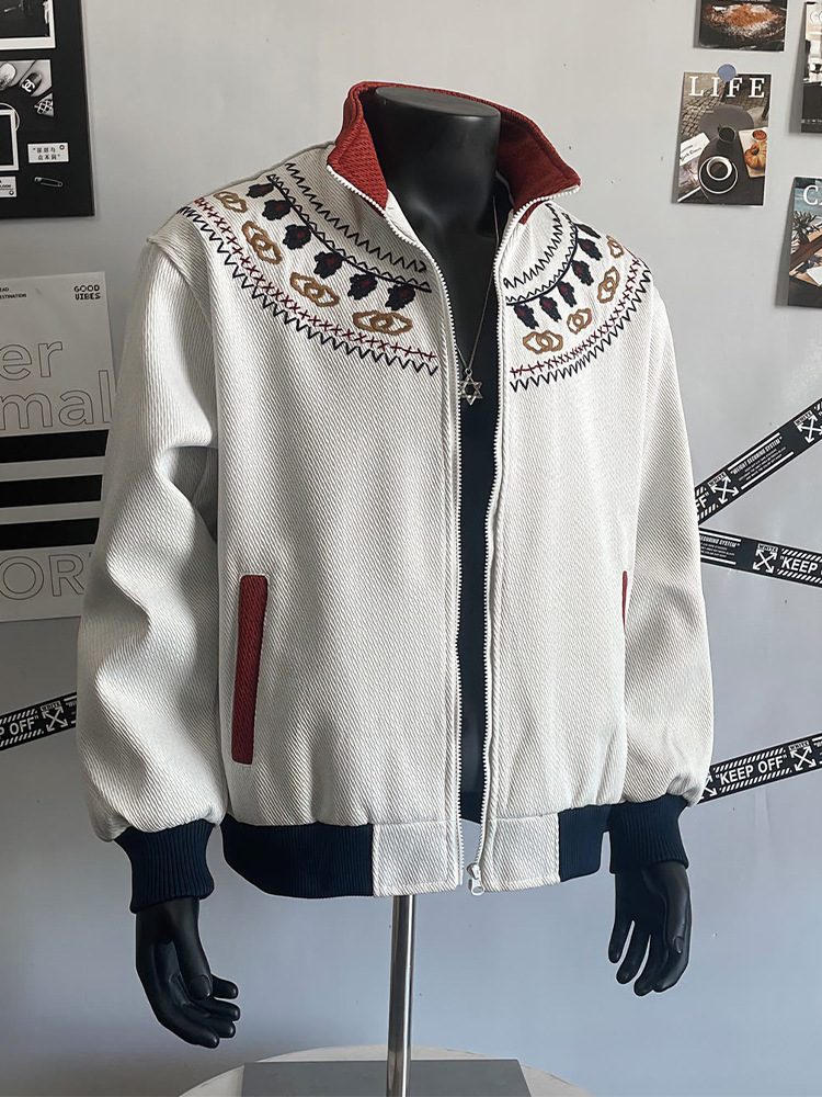 Embroidered Contrasting Design, Stand Up Collar Jacket, Fel Island Knit Sweater, Cardigan Jacket, Top_voghion.com