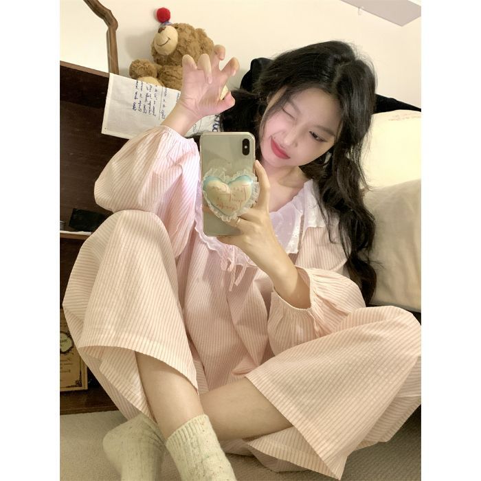 春秋天新款睡衣女长袖宽松慵懒云朵棉家居服花边学生甜美套装跨境|undefined
