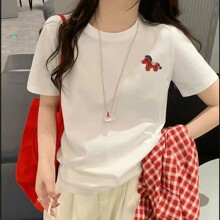 正肩纯棉小马刺绣短袖T恤女2026春夏新款洋气百搭紫色上衣半袖女
