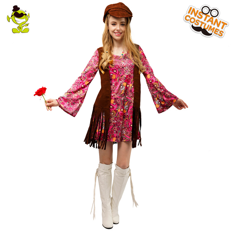 Las mujeres adultas 70s hippie borla etapa rendimiento traje chica grande carnaval hippie