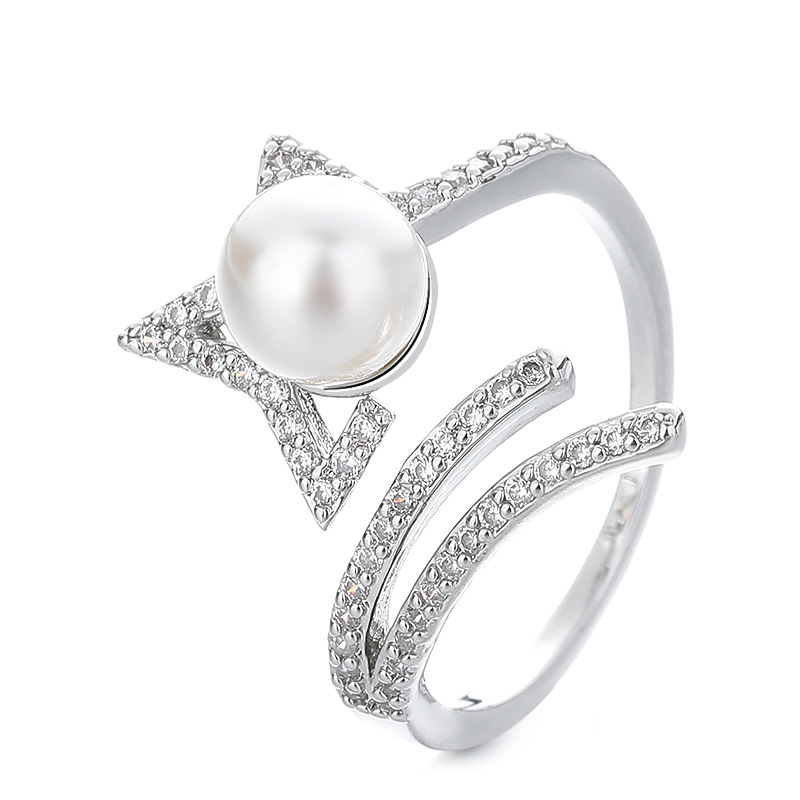 Open Pearl Ring For Women, Micro Pave Full Diamond, Niche High-End Star Ring, Cross-Border Jewelry Accessories,_voghion.com