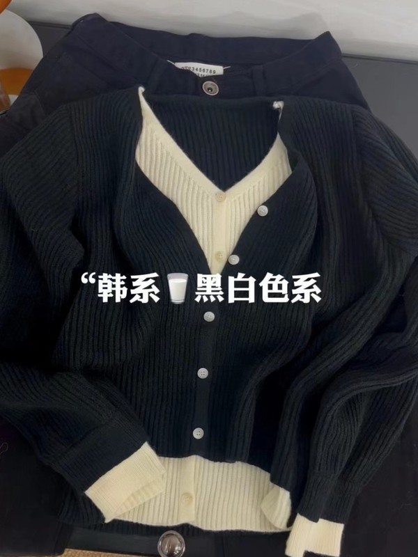 高品质原创！韩系穿搭chic别致假两件早秋撞色针织衫修身显瘦上衣|undefined