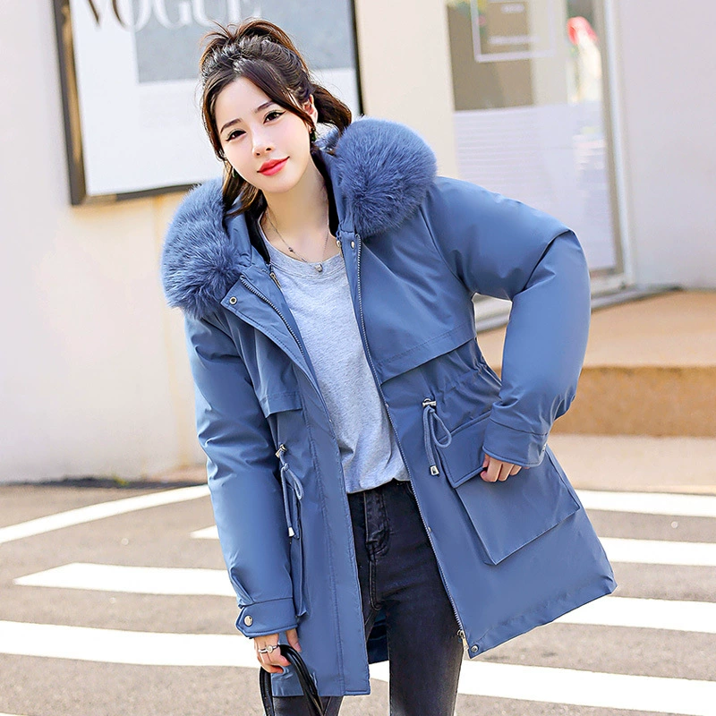 Новая женская зимняя одежда средней длины, утолщенный пирог с большим воротником для волос, хлопковая одежда в Корейском стиле, пуховик на талии, куртка с капюшоном