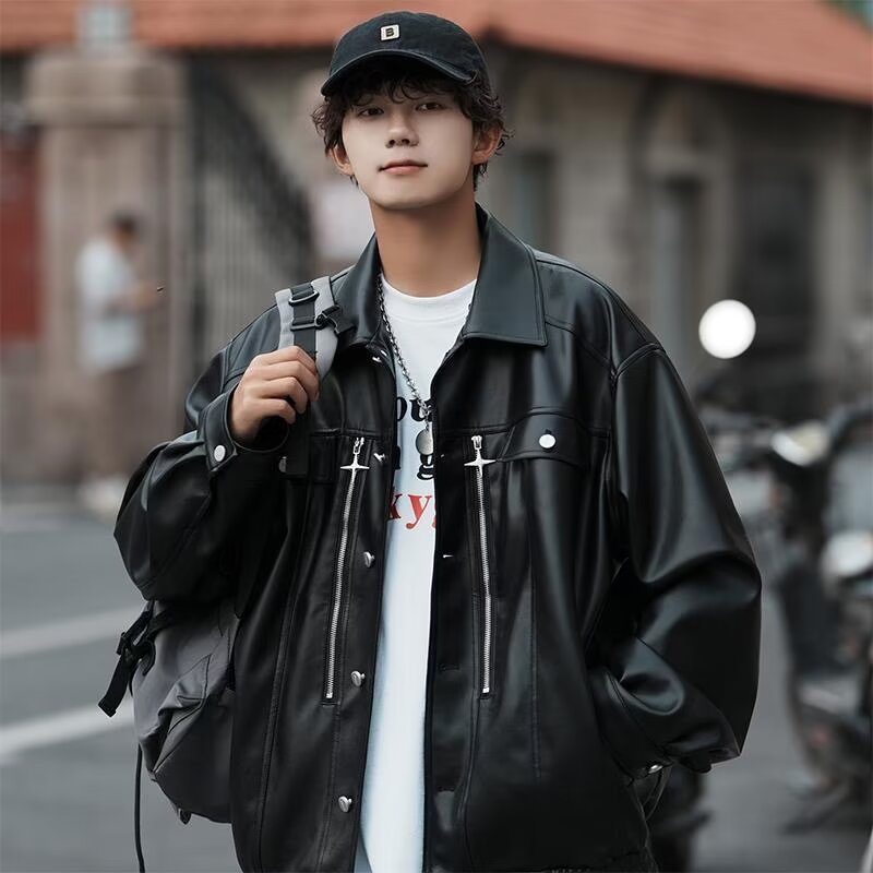 European and American street style loose motorcycle leather jacket men's trendy cool and high-end pilot PU leather jacket coat