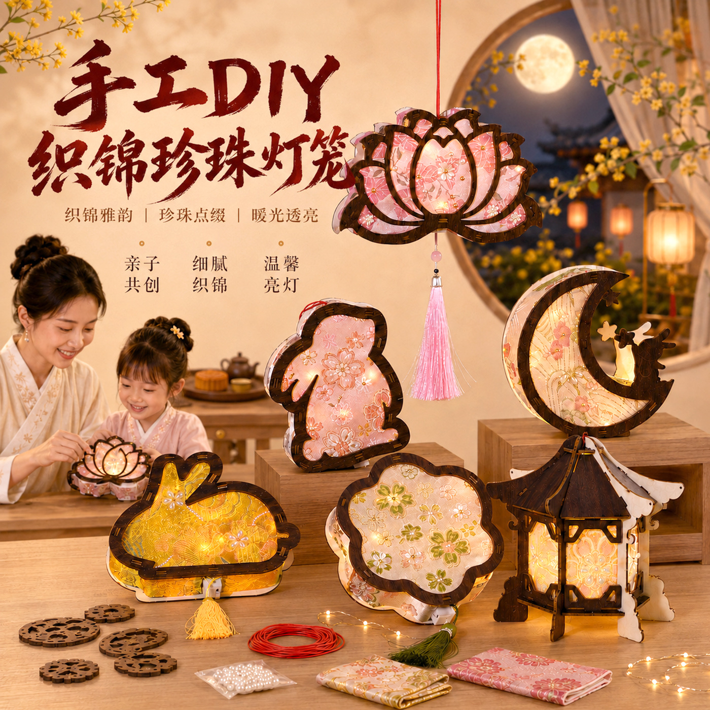 Mid-Autumn Festival Song Brocade Lantern Handmade DIY Wooden Luminous Portable Rabbit Palace Lantern Handmade Gift Brocade Lantern