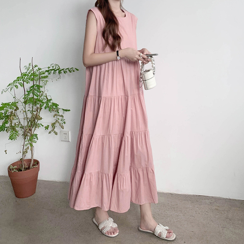 2026 Spring/Summer New Chiffon Patchwork Pullover Solid Color Long Dress Sleeveless A-Line Commuting Round Neck Dress