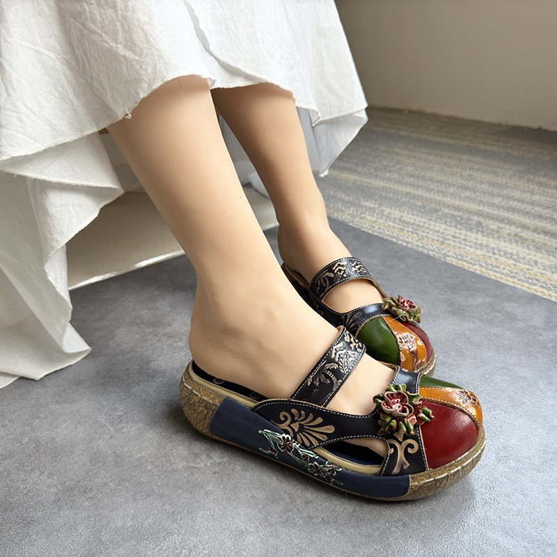 Zapatos transfronteriza explosión 2024 verano nuevas zapatillas de piel de vaca flores de estilo nacional hecho a mano fondo grueso 0933-31