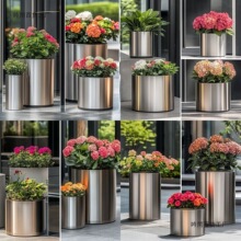 户外不锈钢花箱圆形现代种植箱市政咖啡店不锈钢花盆落地式其他