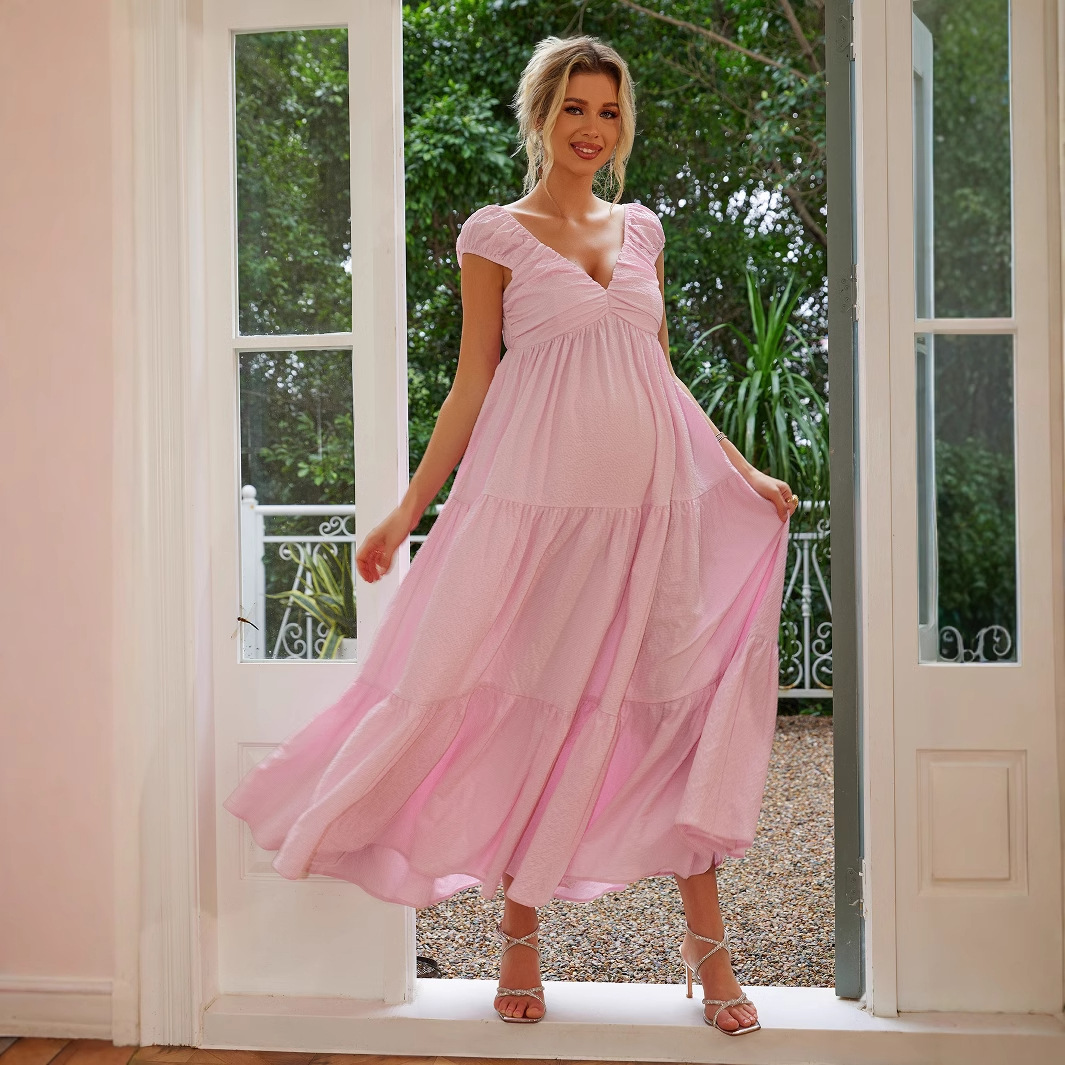 2024 spring and summer Europe and the United States cross-border V-neck sexy sleeveless solid color ruffled maternity dress