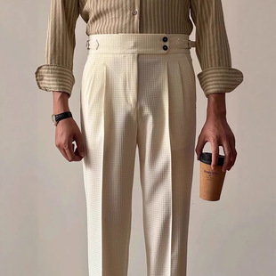 Fashion Straight High-Waisted Dress Pants 2025 High-Quality Stylish Waffle Pattern Double-Pleated Casual Pants Men's Wear