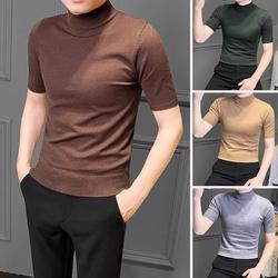 남성용 니트 슬림 반팔 티셔츠 신상 하프 터틀넥 이너 봄 여름 타이트 스트레치 캐주얼 탑 베이스 레이어
